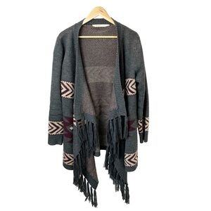 Bluenotes Aztec Print Fringe Open Cardigan Charcoal Grey Burgundy Tan Large
